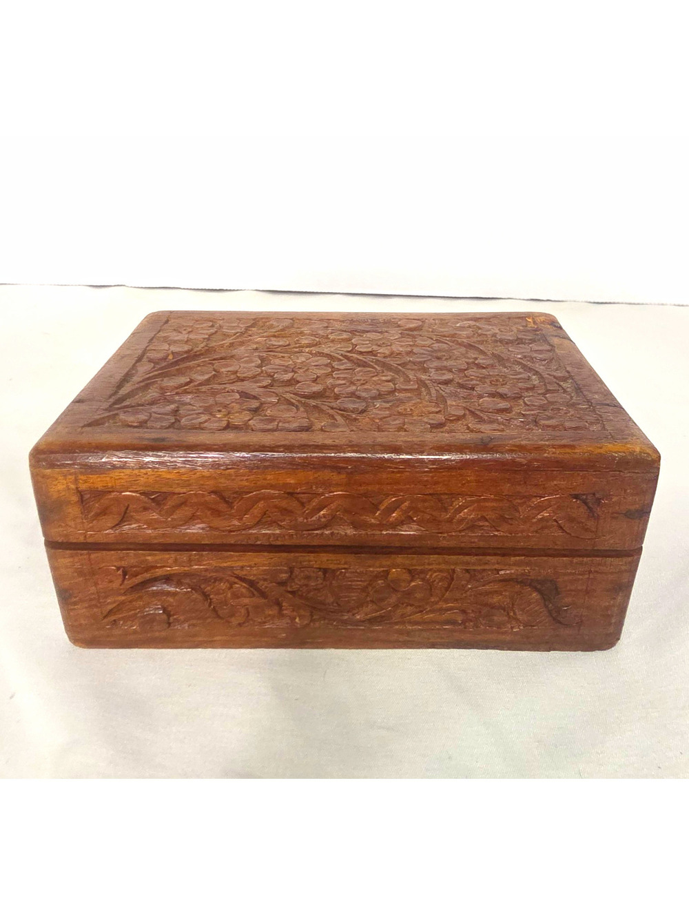 Hand Carved Wood Trinket Jewelry Box Floral Vine Hinged Keepsake 6" Vtg style